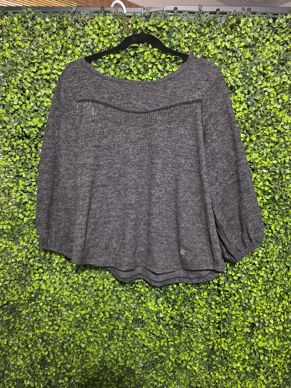 Adrienne Vittadini Gray Hacci Knit Beaded Fringe Blouse Top Large